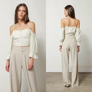 NWT Line‎ and Dot Off Shoulder Large White Green Floral Puff Sleeve Smocked Top